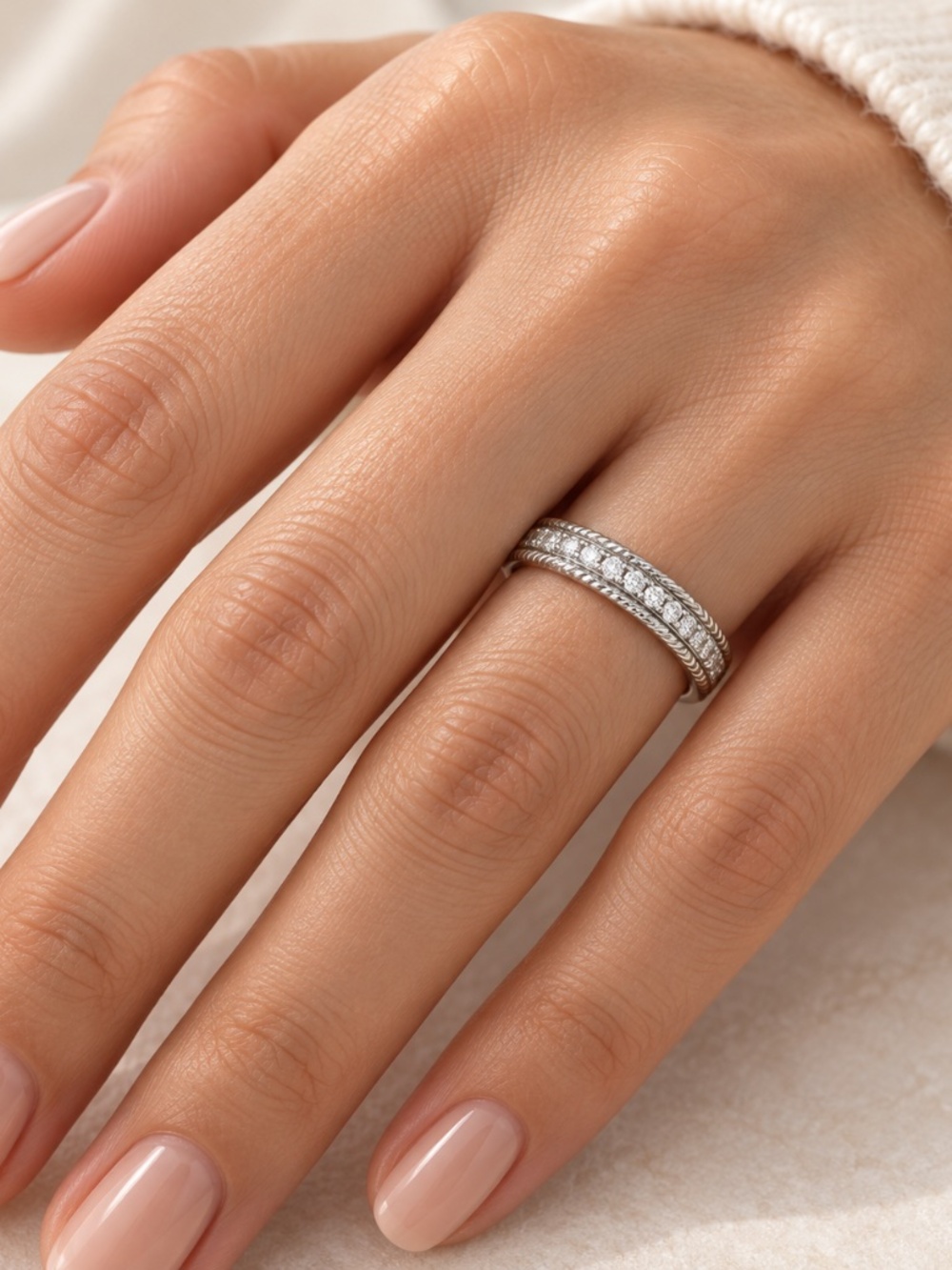 925 Sterling Silver CZ Rope-Edge Eternity Ring